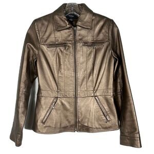 Alfani Womens Lined Brown Bronze Metallic Leather Jacket Size Small